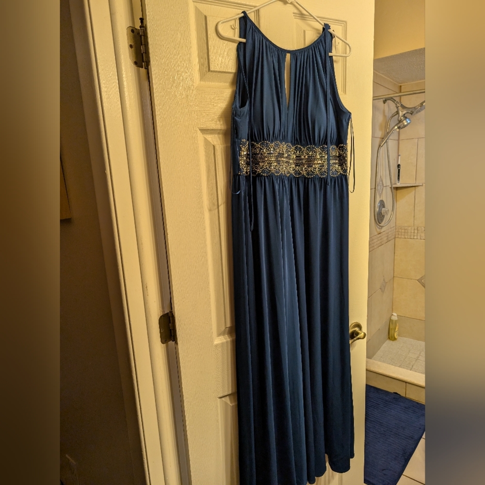 Elegant Blue Evening Gown with Gold Accents